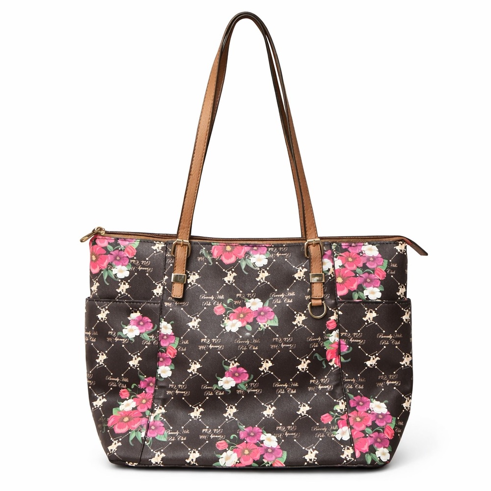 Beverly Hills Polo Club Brown Floral Tote Bag • Pink Roses • Gold Chain Print